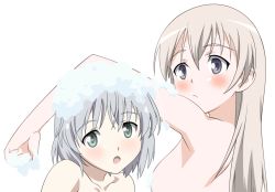 Rule 34 | 00s, 2girls, blonde hair, blush, eila ilmatar juutilainen, green eyes, long hair, multiple girls, non-web source, nude, purple eyes, sanya v. litvyak, short hair, showering, silver hair, soap bubbles, strike witches, transparent background, vector trace, world witches series