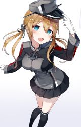 Rule 34 | 10s, 1girl, adjusting clothes, adjusting headwear, anchor hair ornament, aqua eyes, blonde hair, blush, cross, gloves, gradient background, hair ornament, hat, highres, iron cross, kantai collection, low twintails, md5 mismatch, military, military uniform, open mouth, peaked cap, prinz eugen (kancolle), resolution mismatch, shikuro (iorimiyakiyo), smile, solo, source larger, twintails, uniform, white gloves