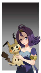 Rule 34 | 1girl, :p, acerola (pokemon), antenna hair, armlet, collarbone, creatures (company), dress, eyelashes, game freak, gen 7 pokemon, gradient background, hair ornament, hairclip, head tilt, highres, holding, lam (ramdayo), looking at viewer, mimikyu, nintendo, pokemon, pokemon (creature), pokemon sm, purple dress, purple eyes, purple hair, shadow, short hair, short sleeves, smile, stitches, tongue, tongue out, trial captain, upper body