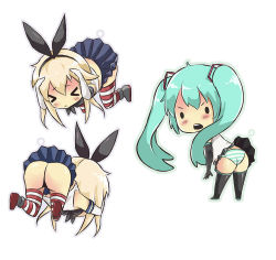 Rule 34 | &gt; &lt;, 10s, 2girls, ass, bent over, blonde hair, chibi, closed eyes, cowering, elbow gloves, from behind, gloves, green hair, hair ribbon, hatsune miku, kantai collection, long hair, looking at viewer, multiple girls, panties, personification, reiashford, ribbon, shimakaze (kancolle), striped clothes, striped legwear, striped panties, striped thighhighs, thighhighs, twintails, underwear, vocaloid