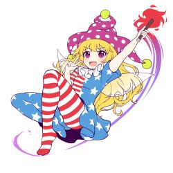 Rule 34 | 1girl, american flag dress, american flag legwear, blonde hair, blush, clownpiece, dress, fairy, fairy wings, frilled shirt collar, frills, full body, hat, highres, jester cap, kaoling, long hair, neck ruff, open mouth, pantyhose, polka dot headwear, purple eyes, simple background, star (symbol), star print, torch, touhou, unfinished, v, very long hair, wings