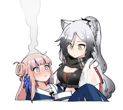 Rule 34 | 2girls, @ @, animal ear fluff, animal ears, arknights, black scarf, blue feathers, blue hair, blunt bangs, blush, breasts, cat ears, ceylon (arknights), cleavage, commentary, feather hair, feathers, grey hair, hair between eyes, highres, jacket, junsuina fujunbutsu, large breasts, long hair, looking at another, multicolored hair, multiple girls, no headwear, open clothes, open jacket, pink eyes, pink hair, ponytail, scarf, schwarz (arknights), simple background, streaked hair, white background, white jacket, yellow eyes
