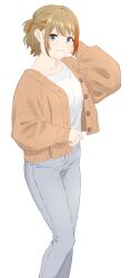 Rule 34 | 1girl, akitetsu, alternate costume, alternate hairstyle, blue eyes, blush, breasts, brown sweater, buttons, cardigan, closed mouth, feet out of frame, grey pants, half updo, hand in own hair, highres, hiyoku no crosspiece, light brown hair, long sleeves, looking at viewer, medium bangs, medium breasts, multicolored hair, nanashi inc., open cardigan, open clothes, orange hair, pants, shirt, short hair, short ponytail, simple background, smile, solo, standing, sweater, touri sei, two-tone hair, virtual youtuber, white background, white shirt