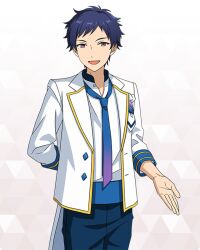 Rule 34 | 1boy, arm behind back, blue hair, cowboy shot, dark blue hair, diamond brooch, dot nose, ensemble stars!, fushimi yuzuru, gradient necktie, happy elements, jacket, lapels, long sleeves, looking at viewer, male focus, mole, mole under eye, notched lapels, official art, open clothes, open jacket, open mouth, outstretched hand, purple eyes, short bangs, short hair, sleeves past elbows, solo, third-party source