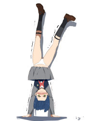Rule 34 | 10s, 1girl, artist name, bad id, bad pixiv id, black socks, blue hair, blush, brown footwear, closed mouth, club3, darling in the franxx, dress, embarrassed, forehead, full body, gluteal fold, green eyes, grey dress, hair ornament, hairclip, handstand, highres, ichigo (darling in the franxx), kneehighs, long sleeves, looking at viewer, motion lines, nose blush, panties, pantyshot, short hair, signature, simple background, socks, solo, trembling, underwear, upside-down, v-shaped eyebrows, wavy mouth, white background, white panties