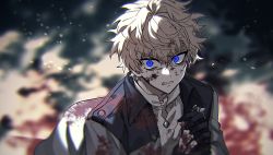 Rule 34 | 1boy, blonde hair, blood, blood on clothes, blood on face, blue eyes, fingerless gloves, gloves, heathcliff blanchett, long sleeves, looking at viewer, mahoutsukai no yakusoku, male focus, naruta iyo, open mouth, shirt, short hair, solo, teeth, white shirt