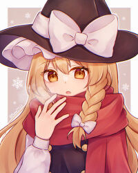 Rule 34 | 1girl, black hat, black vest, blonde hair, blush, bow, commentary, hair between eyes, hair bow, hand up, hat, hat bow, highres, kirisame marisa, long hair, long sleeves, looking at viewer, open mouth, red scarf, runa (runa7733), scarf, shirt, sleeve cuffs, snowflakes, solo, touhou, twitter username, upper body, vest, white bow, white shirt, witch hat, yellow eyes
