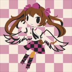 Rule 34 | 1girl, arm behind head, black neckwear, black socks, brown hair, cellphone, cellphone charm, charm (object), checkered background, checkered clothes, checkered skirt, chibi, closed mouth, cobalta, collared shirt, commentary request, geta, hair ribbon, hat, himekaidou hatate, long hair, multicolored background, multicolored clothes, multicolored skirt, necktie, phone, pink ribbon, pointy ears, pouch, ribbon, shirt, skirt, smile, socks, tengu-geta, tokin hat, touhou, twintails, white shirt, wings
