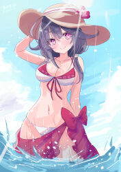 1girl absurdres bare_shoulders beach bikini blush breasts cleavage cloud cloudy_sky commentary_request day hair_between_eyes hair_flaps hat highres hizaka kantai_collection large_breasts long_hair looking_at_viewer low_twintails ocean one-hour_drawing_challenge outdoors purple_hair red_bikini red_eyes ryuuhou_(kancolle) ryuuhou_(swimsuit_mode)_(kancolle) sarong sky solo sun_hat sunlight swimsuit taigei_(kancolle) twintails twitter_username water white_bikini