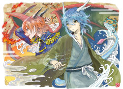 Rule 34 | 2boys, antlers, blue eyes, blue hair, breath weapon, breathing fire, dragon tail, dragon wings, epaulettes, fangs, fire, horns, hotathino, japanese clothes, kimono, male focus, monster boy, multiple boys, original, personification, red hair, seiyouryuu-san, tail, touyouryuu-san, twitter username, wings, yellow eyes