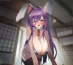 Rule 34 | 1girl, all fours, animal ears, bare arms, bare shoulders, bikini, black thighhighs, blush, breasts, cleavage, collar, collarbone, from below, hair between eyes, hair intakes, hanging breasts, heart, highres, huge breasts, indoors, leaning forward, long hair, open mouth, purple hair, rabbit ears, red eyes, reisen udongein inaba, semotaretare, side-tie bikini bottom, solo, swimsuit, thighhighs, touhou, very long hair