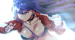 Rule 34 | 1girl, aoba (smartbeat), bikini, black bikini, blue eyes, blunt bangs, breasts, choker, cleavage, collarbone, cross, cross choker, fate/grand order, fate (series), fighting stance, highres, jacket, large breasts, long hair, long sleeves, looking to the side, martha (fate), martha (swimsuit ruler) (fate), martha (swimsuit ruler) (second ascension) (fate), open clothes, open jacket, purple hair, red jacket, solo, swimsuit