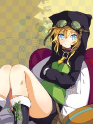 Rule 34 | 1girl, animal hood, arrow (projectile), belt pouch, blonde hair, blue eyes, boots, cross-laced footwear, crossed arms, eyebrows, eyelashes, goggles, goggles on head, hair between eyes, highres, hood, jacket, knees up, lace-up boots, legs, long sleeves, looking at viewer, mochafish, original, patterned background, pouch, sitting, smile, solo, strap, swirl, thighs