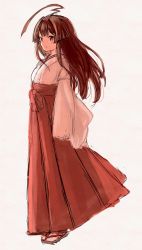 Rule 34 | 1girl, ahoge, alternate costume, brown eyes, brown hair, commentary request, grey background, hakama, hakama skirt, highres, huge ahoge, japanese clothes, kantai collection, kuma (kancolle), long hair, miko, red hakama, sandals, simple background, skirt, solo, standing, wss (nicoseiga19993411)
