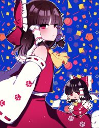 Rule 34 | 1girl, absurdres, ascot, bare shoulders, bow, brown hair, detached sleeves, frilled skirt, frills, hair bow, hair tubes, hakurei reimu, highres, japanese clothes, medium hair, multiple views, nontraditional miko, paw print, red bow, red eyes, red skirt, ribbon-trimmed sleeves, ribbon trim, sidelocks, skirt, touhou, unfinished dream of all living ghost, white sleeves, wide sleeves, yellow ascot, you (noanoamoemoe)
