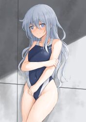 Rule 34 | 1girl, bare arms, bare legs, bare shoulders, black one-piece swimsuit, blue eyes, blush, closed mouth, collarbone, competition swimsuit, covered navel, feet out of frame, groin, hair between eyes, hibiki (kancolle), highres, k jie, kantai collection, long hair, looking at viewer, one-piece swimsuit, sidelocks, solo, swimsuit, white hair