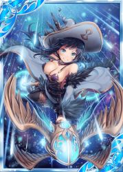 Rule 34 | 1girl, akkijin, armpits, bare shoulders, black hair, blue eyes, boots, bra, breasts, card (medium), cleavage, collarbone, feathers, flying, hat, hat feather, jewelry, looking at viewer, medium breasts, necklace, night, night sky, official art, shinkai no valkyrie, sky, staff, star (sky), starry sky, supersonic, thighhighs, underwear, weapon, wings, witch, witch hat