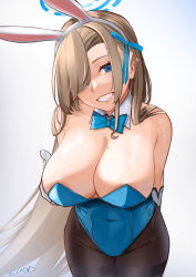 Rule 34 | 1girl, animal ears, artist name, asuna (blue archive), asuna (bunny) (blue archive), bare shoulders, blue archive, blue bow, blue bowtie, blue eyes, blue leotard, blue ribbon, bow, bowtie, breast hold, breasts, brown pantyhose, cleavage, cliov, commentary, cowboy shot, detached collar, elbow gloves, fake animal ears, gloves, grin, hair over one eye, hair ribbon, highres, large breasts, leotard, light brown hair, long hair, looking at viewer, mole, mole on breast, pantyhose, playboy bunny, rabbit ears, ribbon, simple background, smile, solo, standing, teeth, traditional bowtie, very long hair, white background, white gloves