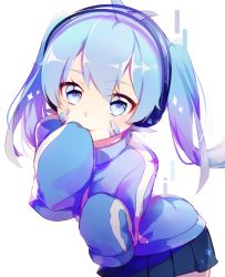 Rule 34 | 1girl, blue eyes, blue hair, collared jacket, covering own mouth, ene (kagerou project), hand over own mouth, headphones, highres, jacket, kagerou project, leafwow, long hair, matching hair/eyes, short hair, simple background, skirt, sleeves past wrists, smile, solo, striped clothes, striped jacket, track jacket, twintails