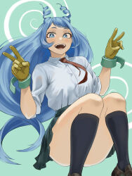 Rule 34 | 1girl, :d, absurdres, blue eyes, blue hair, boku no hero academia, collared shirt, drill hair, fengling (furin-jp), floating, gloves, green skirt, hadou nejire, hair horns, hands up, highres, kneehighs, loafers, long hair, looking at viewer, necktie, open mouth, pleated skirt, red necktie, school uniform, shirt, shoes, skirt, smile, socks, solo, twin drills, u.a. school uniform, v, very long hair, white shirt, yellow gloves