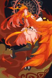 Rule 34 | 1girl, animal feet, ass, back cutout, bare arms, bell orgel, blunt bangs, clothing cutout, commentary, fire, from behind, full body, harpy, highres, large wings, long hair, looking at viewer, looking back, monster girl, monster girl encyclopedia, orange eyes, orange hair, parted lips, phoenix (monster girl encyclopedia), smile, solo, tail, winged arms, wings