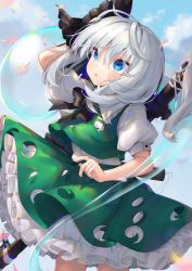 Rule 34 | 1girl, ahoge, arm up, black bow, black bowtie, black ribbon, blue eyes, blue nails, blue sky, bob cut, bow, bowtie, clothing cutout, cloud, collared shirt, commentary request, cowboy shot, dated, flower, frills, gathers, green skirt, green vest, gunjou row, hair between eyes, hair ribbon, highres, hitodama, hitodama print, katana, konpaku youmu, konpaku youmu (ghost), long bangs, medium hair, nail polish, outdoors, parted lips, petals, petticoat, pink flower, puffy short sleeves, puffy sleeves, ribbon, scabbard, sheath, sheathed, shirt, short sleeves, sidelocks, signature, skirt, skirt set, sky, solo, sword, tassel, touhou, vest, wakizashi, weapon, weapon on back, white hair, white shirt, wind