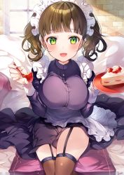 Rule 34 | 1girl, apron, black thighhighs, blush, breasts, brown hair, cake, commentary request, day, dress, food, fork, fruit, garter belt, garter straps, green eyes, highres, holding, holding fork, holding plate, indoors, large breasts, long hair, looking at viewer, maid, maid apron, maid headdress, original, pillow, plate, ringozaka mariko, short hair, signature, sitting, smile, solo, strawberry, thighhighs, two side up, white apron, window