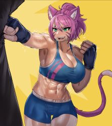 Rule 34 | abs, absurdres, animal ears, boxing, cat ears, cat tail, exercising, ezzydraws, final fantasy, final fantasy xiv, flying sweatdrops, green eyes, gym uniform, highres, miqo&#039;te, muscular, muscular female, open mouth, pink hair, ponytail, punching, punching bag, short hair, smile, sports bra, sweat, tail, warrior of light (ff14)