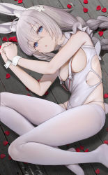 Rule 34 | 1girl, ahoge, animal ear fluff, animal ears, azur lane, blue eyes, braid, breasts, choker, clothing cutout, covered navel, grey hair, groin, highres, le malin (azur lane), le malin (listless lapin) (azur lane), leotard, long hair, looking at viewer, lying, nyatabe, o-ring, o-ring choker, official alternate costume, on side, parted lips, petals, rabbit ears, rabbit tail, rose petals, sideboob, small breasts, solo, tail, twin braids, white hair, white legwear, white leotard, wrist cuffs
