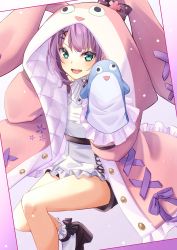 Rule 34 | 1girl, :d, absurdres, animal hood, ankle socks, ankle strap, aqua eyes, black footwear, blush, coat, commentary, cross-laced clothes, cross-laced coat, eyebrows hidden by hair, frilled socks, frills, hair ornament, hairclip, hand puppet, highres, hood, hood up, knee up, looking at viewer, nijisanji, nota ika, open clothes, open coat, open mouth, pink coat, puppet, purple background, purple hair, quilt, quilted clothes, quilted coat, sakura ritsuki, sakura ritsuki (4th costume), shirt, smile, socks, solo, teeth, tsurime, upper teeth only, virtual youtuber, white shirt, x hair ornament