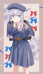 Rule 34 | 1girl, :o, absurdres, backpack, bag, beret, blue bow, blue capelet, blue eyes, blue hair, blue hat, blue shirt, blue skirt, blush, border, bow, brown border, buttoned cuffs, capelet, collared shirt, dot nose, feet out of frame, grey background, hair ornament, hairpin, hat, heart, heart hands, highres, indie virtual youtuber, kanzarin (vtuber), legs apart, long sleeves, looking at viewer, medium hair, parted lips, pink capelet, plaid, plaid bow, pleated skirt, red bow, rizu033, school uniform, shirt, simple background, skirt, solo, teeth, two-sided capelet, virtual youtuber