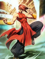Rule 34 | 1boy, arm guards, baggy pants, bridal gauntlets, brown hair, capcom, chinese clothes, genzoman, hair between eyes, male focus, muscular, pants, solo, street fighter, street fighter iii (series), street fighter iv (arcade edition), vambraces, yang lee