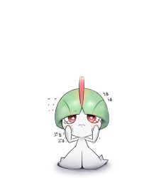 Rule 34 | angry, blush, bob cut, colored skin, creatures (company), flying sweatdrops, full body, game freak, gen 3 pokemon, green hair, highres, japanese text, kashiwa (3920kashiwa), looking at viewer, nintendo, no humans, pokemon, pokemon (creature), ralts, red eyes, short hair, simple background, solo, standing, straight-on, tears, translation request, trembling, wavy eyes, white background, white skin