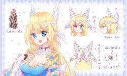 Rule 34 | 1girl, arm belt, belt, black gloves, blonde hair, blue dress, blue eyes, blush, bow, breasts, cardinal (ragnarok online), cleavage, closed mouth, commentary request, dress, elf, fake wings, feathered wings, fingerless gloves, fingernails, gloves, hair bow, head wings, highres, light (luxiao deng), long hair, looking at viewer, medium bangs, medium breasts, multiple views, open mouth, pink nails, pointy ears, ragnarok online, reference inset, smile, translation request, upper body, white belt, white bow, white wings, wings