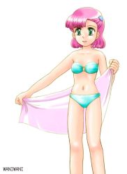 Rule 34 | bikini, child, green eyes, heart, magical girl, mahou no princess minky momo, minky momo, pink hair, standing, swimsuit, towel, waniwani