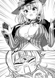 Rule 34 | 2girls, blush, breasts, bursting breasts, capelet, cleavage, closed mouth, cosplay, emphasis lines, gloves, greyscale, hair ornament, hat, highres, hololive, izumida fuyuki, large breasts, long sleeves, monochrome, multiple girls, murasaki shion, murasaki shion (1st costume), murasaki shion (cosplay), popped button, sakamata chloe, shirt, striped clothes, striped shirt, vertical-striped clothes, vertical-striped shirt, virtual youtuber, x hair ornament