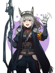 Rule 34 | 1girl, :d, absurdres, animal ears, arknights, armband, black collar, blue coat, blue gloves, blue pants, blush, brown shirt, coat, collar, cowboy shot, gloves, grani (arknights), grey hair, gwangvt, highres, hip vent, holding, holding polearm, holding weapon, horse ears, horse girl, horse tail, infection monitor (arknights), long hair, motion lines, open clothes, open coat, open mouth, pants, polearm, purple background, purple eyes, shirt, simple background, smile, solo, tail, two-tone background, v-shaped eyebrows, waving, weapon, white background