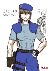Rule 34 | 1girl, abs, beret, bow, breasts, brown hair, clenched hand, cosplay, fingerless gloves, gloves, hair between eyes, hair bow, hand on own hip, hat, holster, jill valentine, jill valentine (cosplay), long hair, low ponytail, m.u.g.e.n, muscular, muscular female, nemesis (resident evil), original, police, police uniform, policewoman, resident evil, resident evil 1, scar, sendai hakurei no miko, shoulder pads, solo focus, taikyokuturugi, thigh holster, touhou, uniform, zombie