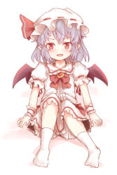 Rule 34 | 1girl, bat wings, blush, bow, brooch, full body, hat, hat bow, jewelry, light purple hair, mob cap, open mouth, pointy ears, red eyes, remilia scarlet, sash, shize (coletti), sitting, solo, touhou, wings