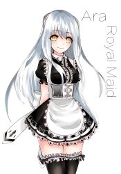Rule 34 | 1girl, 2200659903 rika, apron, ara haan, bad id, bad pixiv id, black thighhighs, braid, center frills, corset, elsword, frilled thighhighs, frills, legs together, long hair, maid, maid apron, smile, standing, thighhighs, white background, white hair, yellow eyes