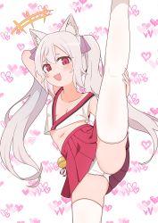 Rule 34 | +++, 1girl, :d, absurdres, animal ear fluff, animal ears, arm behind head, arm up, bare arms, bare shoulders, bell, blush, breasts, cameltoe, collarbone, crop top, eyebrows hidden by hair, fang, feet out of frame, grey hair, hair between eyes, heart, heart background, highres, jingle bell, leg up, long hair, looking at viewer, luke (dydansgur), navel, open mouth, original, panties, pleated skirt, red eyes, red skirt, skirt, small breasts, smile, solo, split, standing, standing on one leg, standing split, thighhighs, twintails, underwear, very long hair, white background, white panties