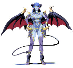 Rule 34 | 1girl, anklet, armor, astaroth (shinrabanshou), bad id, bad pixiv id, bare shoulders, black sclera, blue hair, blue leotard, blue skin, boots, bracelet, breasts, bridal gauntlets, cleavage, clothing cutout, colored sclera, colored skin, demon girl, demon horns, demon tail, demon wings, detached collar, earrings, faulds, full body, gloves, grin, hair between eyes, hands on own hips, heart, heart earrings, high heel boots, high heels, highleg, highleg leotard, horns, jewelry, large breasts, leotard, long hair, long pointy ears, looking at viewer, midriff, nail polish, navel, navel cutout, pauldrons, pink nails, pointy ears, purple footwear, purple gloves, purple thighhighs, red wings, shadow, shino (comic penguin club), shinrabanshou, shoulder armor, sideboob, simple background, slit pupils, smile, solo, spikes, standing, strapless, strapless leotard, tail, thighhighs, turtleneck, very long hair, white background, wings, yellow eyes