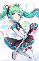 Rule 34 | 1girl, bad id, bad pixiv id, boots, detached sleeves, floating hair, green eyes, green hair, hatsune miku, highres, long hair, magical mirai (vocaloid), magical mirai miku, magical mirai miku (2017), microphone, namuya (dlcjfgns456), skirt, smile, solo, thigh boots, thighhighs, twintails, vocaloid, white background
