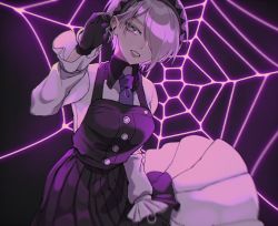 Rule 34 | 1girl, black dress, black gloves, breasts, collared shirt, commentary request, danganronpa (series), danganronpa v3: killing harmony, dress, frills, gloves, green eyes, hair ornament, hair over one eye, hand in own hair, hand up, long sleeves, looking at viewer, maid headdress, necktie, niwatori panda, open mouth, pinafore dress, purple background, purple eyes, purple necktie, shirt, short hair, silk, sleeveless dress, smile, solo, spider web, teeth, tojo kirumi, two-tone background, upper body, white shirt