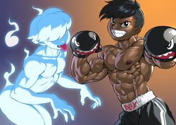 Rule 34 | 2boys, abs, black hair, boo (mario), boxing gloves, boxing shorts, bullet bill, dark-skinned male, dark skin, earrings, fang, ghost, gradient background, hair over eyes, hair over one eye, hitodama, jewelry, male focus, mario (series), multiple boys, muscular, nintendo, nipples, pectorals, personification, pokkuti, shorts, simple background, tongue, tongue out, topless male, v-shaped eyebrows