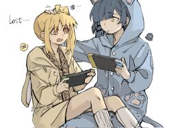 Rule 34 | 2girls, animal ears, blonde hair, blue hair, blue pajamas, bocchi the rock!, bright pupils, brown jacket, brown shirt, candy, cat pajamas, chinese commentary, commentary request, food, food in mouth, hair ornament, hair over one eye, hairclip, headpat, highres, ijichi nijika, jacket, lollipop, long hair, multiple girls, nintendo, nintendo switch, open mouth, orange eyes, pajamas, plaid, plaid shirt, rabbit ears, rabbit pajamas, shirt, short hair, side ponytail, simple background, sitting, sitting on lap, sitting on person, socks, splatoon (series), white background, white pupils, white socks, yamada ryo, yanlingjinshilihuahua, yellow eyes
