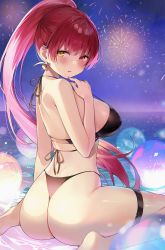 Rule 34 | 1girl, ass, ayamy, back, bare arms, bare shoulders, barefoot, bikini, black bikini, blush, breasts, commentary, earrings, fireworks, from behind, halterneck, heart, heart earrings, heterochromia, high ponytail, highleg, highleg bikini, highres, hololive, horizon, houshou marine, jewelry, large breasts, long hair, looking at viewer, looking back, night, night sky, ocean, outdoors, parted lips, ponytail, raised eyebrows, red eyes, red hair, sitting, skindentation, sky, solo, strap gap, string bikini, swimsuit, thigh strap, thighs, thong bikini, twisted torso, very long hair, virtual youtuber, wariza, water, yellow eyes