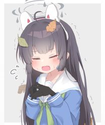 Rule 34 | 1girl, ahoge, black gloves, black hair, blue archive, blue serafuku, blush, closed eyes, collarbone, commentary request, flying sweatdrops, gloves, green neckerchief, grey background, hairband, highres, kaki oka rinto, leaf, long hair, long sleeves, looking at viewer, miyu (blue archive), motion lines, neckerchief, open mouth, own hands together, school uniform, serafuku, solo, sweat, tearing up, trembling, upper body, white background