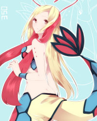 Rule 34 | 1girl, antennae, blonde hair, blue background, breasts, butt crack, creatures (company), game freak, gen 3 pokemon, highres, long hair, looking back, milotic, multicolored hair, nintendo, personification, pink hair, pokedex number, pokemon, pokemon (creature), red eyes, solo, tail, takeshima eku, two-tone hair