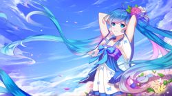 Rule 34 | 1girl, arms up, bad id, bad pixiv id, blue eyes, blue hair, blurry, breasts, cleavage, collarbone, dress, flower, hair flower, hair ornament, hatsune miku, highres, japanese clothes, liuzexiong, long hair, small breasts, smile, solo, twintails, very long hair, vocaloid
